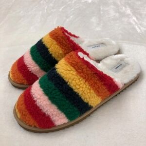 Old Navy Womens Size 7 Rainbow Striped Slipper Mule Sherpa Slip-On Hard Bottom